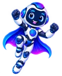 The Engineer mascot: a friendly blue and white robot in a circuit-patterned cape, jumping with one fist punched into the air